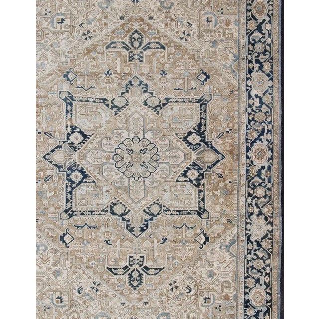 Antique Persian Heriz Rug With Geometric Medallion Design in Taupe, Blue-Gray For Sale - Image 4 of 13