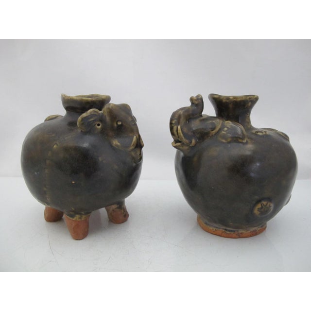 Khmer Cambodian Elephant Stoneware Lime Betel Nut Pot Pair For Sale - Image 14 of 17