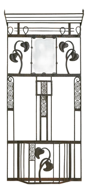 French Art Deco Wrought Iron Wall-Mounted Coat Rack with Mirror, 1920s