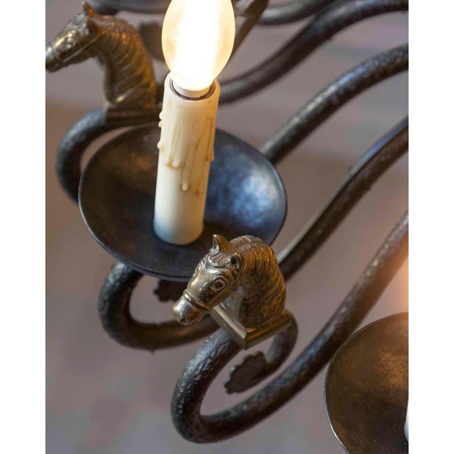 Black Mid 20th-Century French Wrought Iron Chandelier with Horse-Head Details For Sale - Image 8 of 11