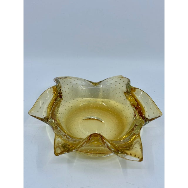 Vintage Murano Bullicante Controlled Bubble Art Glass Amber Yellow Ashtray/ Catchall For Sale - Image 9 of 10