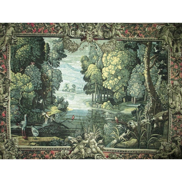 This is a modern, not handwoven, tapestry which is 63 x 49 inches. Birds are depicted in a landscape with trees and river....