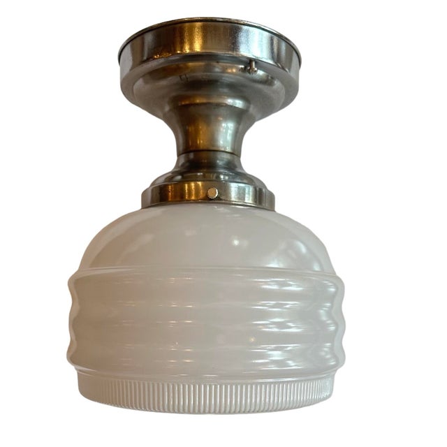 Vintage Mid-Century White Milk Glass Ceiling Light With Original Chrome Patina For Sale - Image 4 of 5