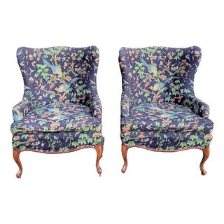 Pair of Vintage Queen Anne Wingback Chairs in Sanderson Chinoiserie Hall Upholstery For Sale