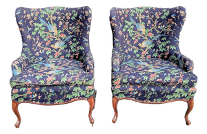 Pair of Vintage Queen Anne Wingback Chairs in Sanderson Chinoiserie Hall Upholstery