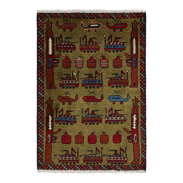 Rug & Kilim’s Modern Tribal Rug in Green With Helicopters and Tank Pictorials For Sale