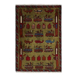 Rug & Kilim’s Modern Tribal Rug in Green With Helicopters and Tank Pictorials