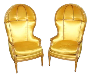 Stunning Pair of Gold Upholstered French Carved Louis XVI Canopy Porter Chairs