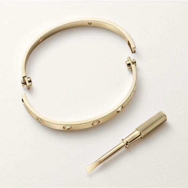 Gold Cartier, Love Bracelet Classic Model 4 Diamonds Bangle Bracelet, Size 18 For Sale - Image 8 of 12