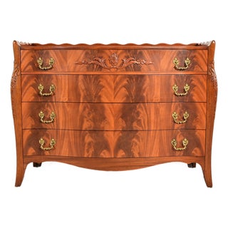 Baker Furniture Style French Regency Louis XVI Flame Mahogany Serpentine Front Chest of Drawers, Circa 1940s For Sale