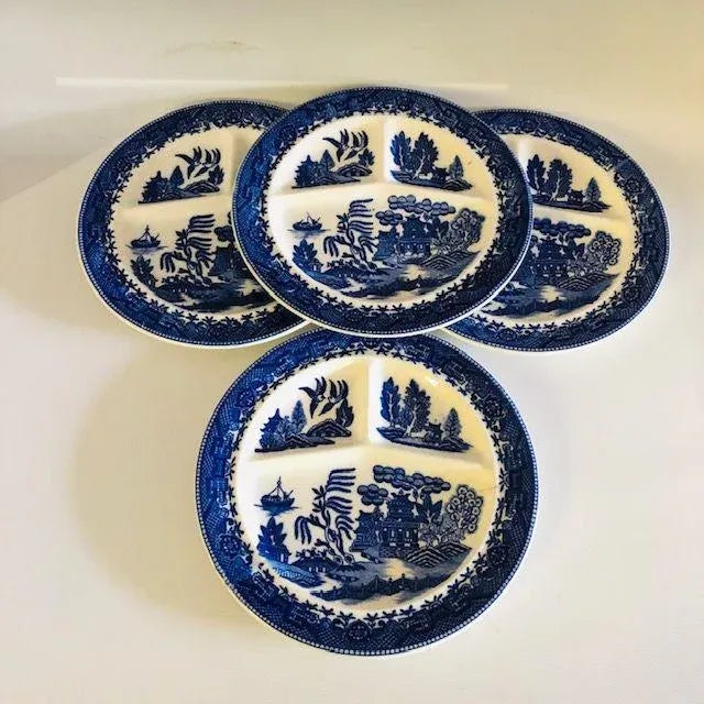 1940s 1940's Made in Occupied Japan Moriyama Blue Willow Grill Plates S/4 For Sale - Image 5 of 5