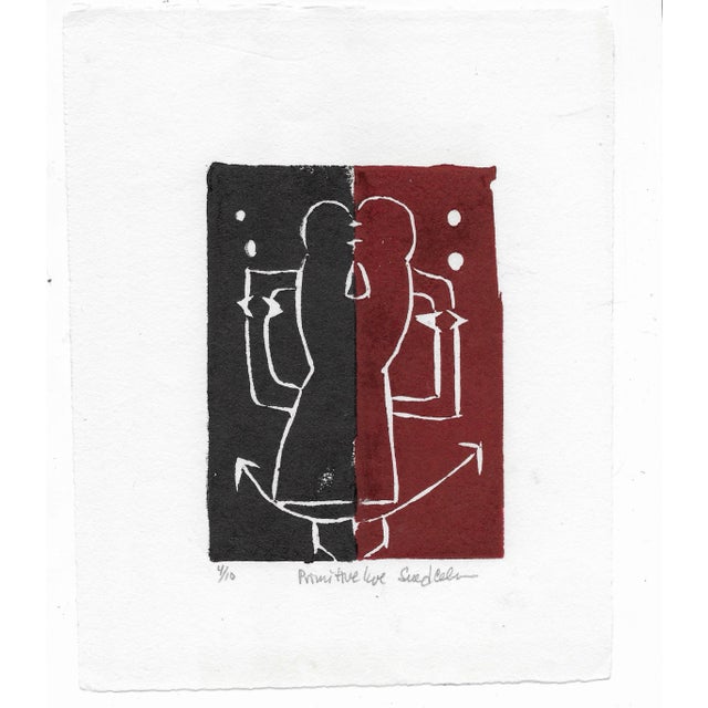 "Primitive Love" linocut by Sue Cohen. Pencil signed, titled and numbered 4 of 10.