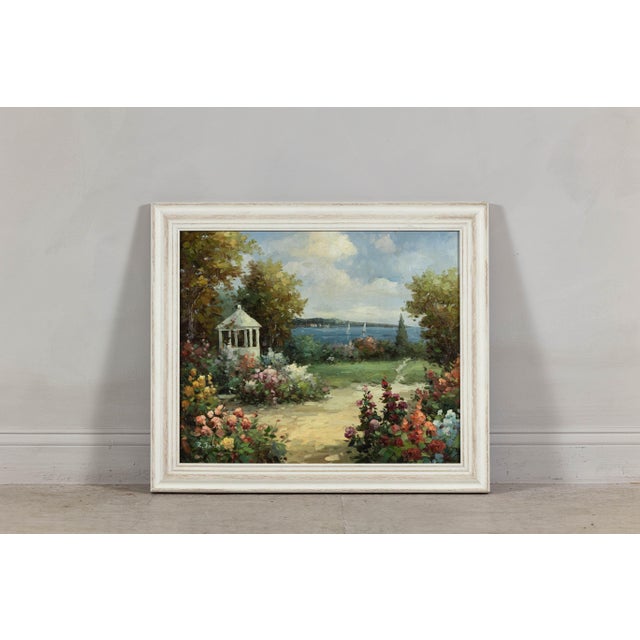 Late 20th Century Impressionist Style Garden Painting with Gazebo and Waterfront, Signed R. Johns For Sale - Image 5 of 12