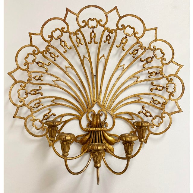Vintage Grand Gilt Fan Wall Candle Candelabras, Pair For Sale - Image 4 of 9