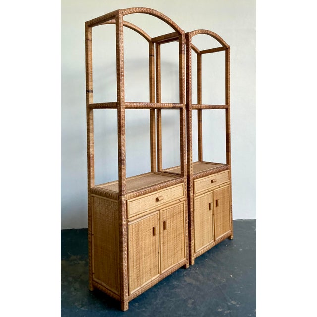 Late 20th Century Vintage Boho Woven Rattan Etagere. - A Pair For Sale - Image 5 of 5
