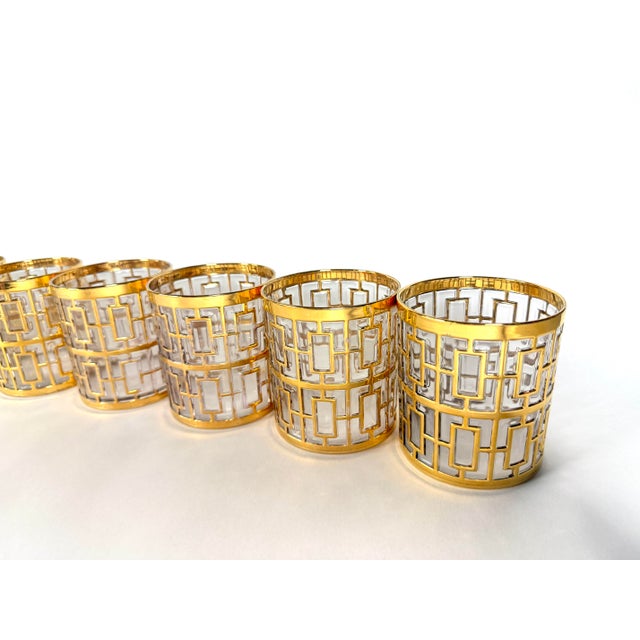 Vintage Imperial Glass Co. “Shoji” Gold Gilt Trellis Pattern Rocks Glasses - Set of 8 For Sale - Image 4 of 7