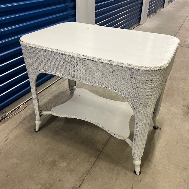 Early Heywood Wakefield Painted White Wicker Library Table For Sale - Image 4 of 8