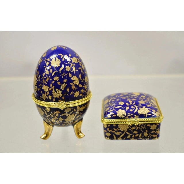 Vintage Cobalt Blue Porcelain Egg Gold Gilt Hinged Lid Candle Trinket Box - 2 Pc For Sale - Image 12 of 12