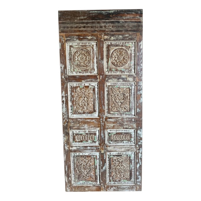 Vintage Carved Barn Door | Rustic Distressed Statement Piece 80x35 For Sale