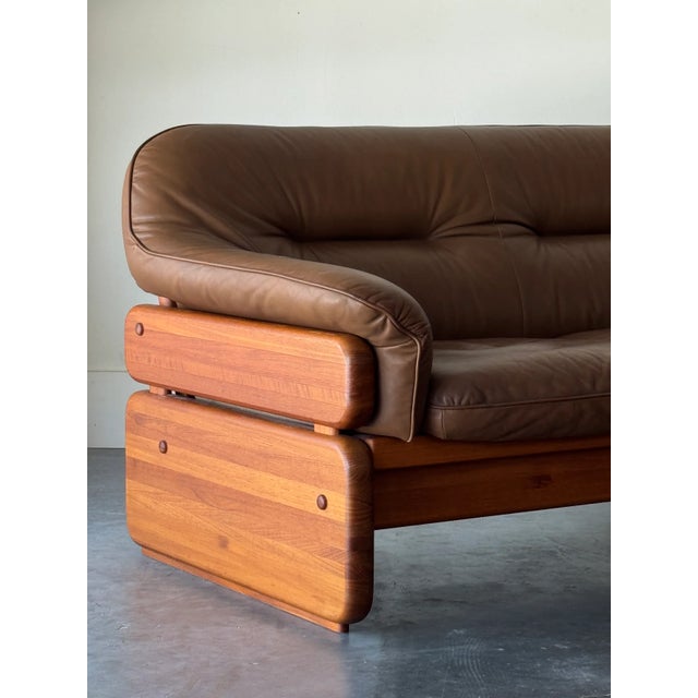 1970s Nielaus Møbler Brown Leather and Teak Loveseat For Sale - Image 4 of 8