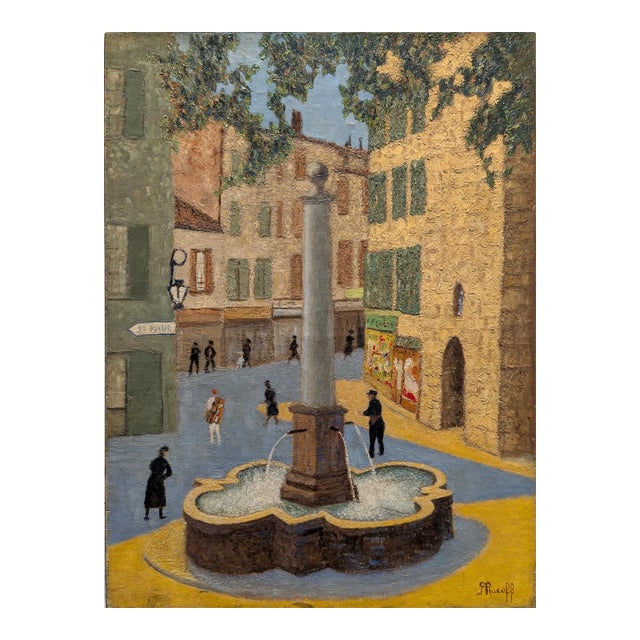 French Impressionist Provence Plaza Scene Street Scene Painting Early 20th For Sale