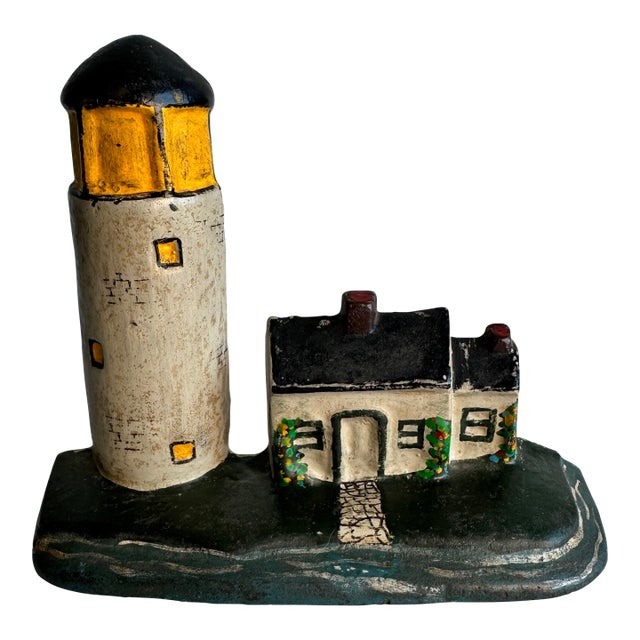 1940s Cast Iron Lighthouse With Keepers Cottage Door Stop For Sale