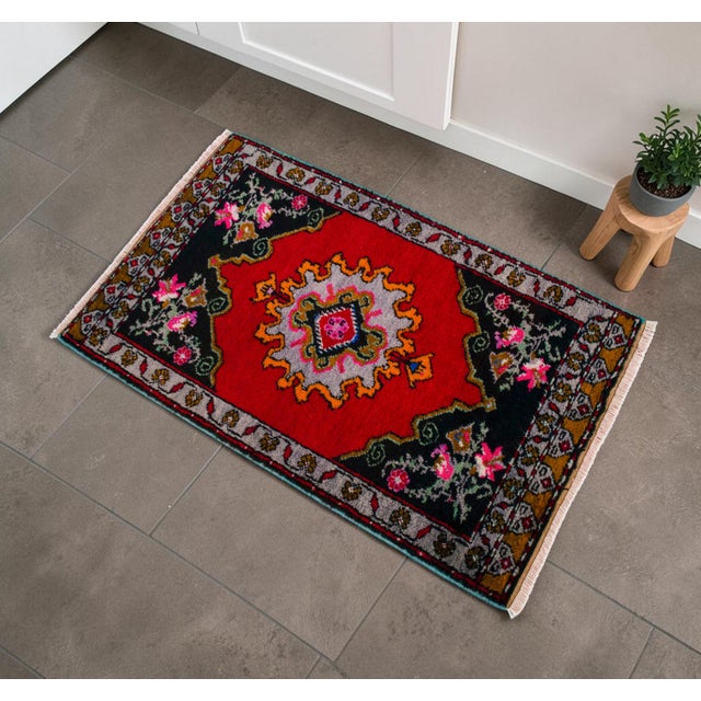 Vintage Oushak Small Rug 1'10"x3'3" Hand Knotted Turkish Door Mat Red Black ■ Introduction & History: Welcome to our...