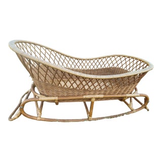 Mid 20th Century Boho Chic Wicker & Rattan Sleigh-Style Rocking Bassinet For Sale