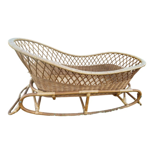 Mid 20th Century Boho Chic Wicker & Rattan Sleigh-Style Rocking Bassinet For Sale