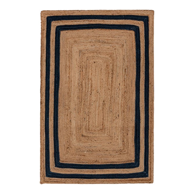 4'x6' Navy Blue Jute Braided Rectangle Boho Chic Rug For Sale