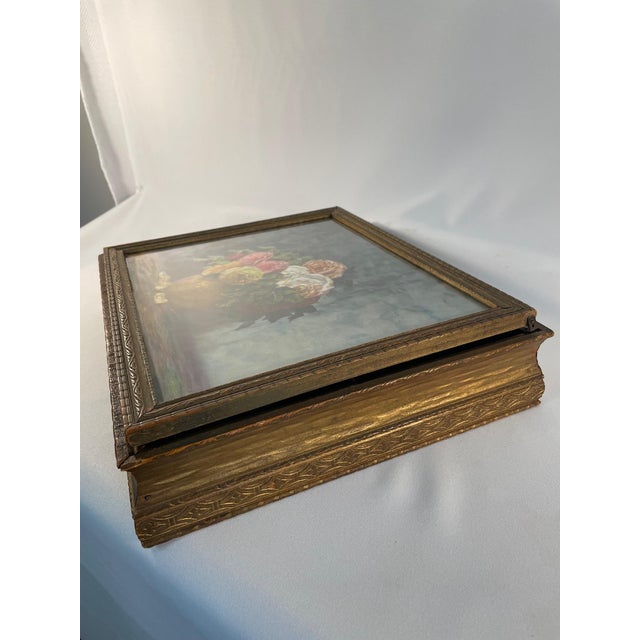 1940s Large Floral Mirrored Wooden Jewelry, Trinket or Stationary Box For Sale - Image 11 of 12