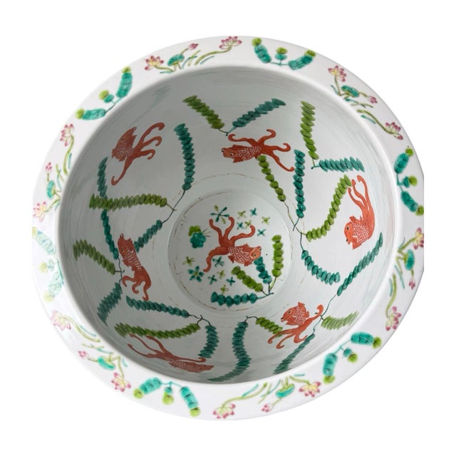 Chinoiserie Vintage Chinese Famille Vert Fish Pots / Planters With Stands - A Pair For Sale - Image 3 of 10