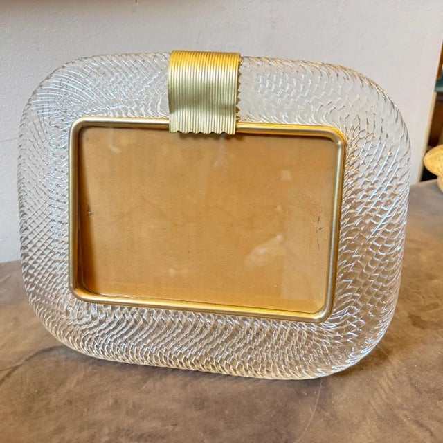 Metal 1990s Barovier Style Art Deco Murano Glass and Brass Horizontal Picture Frame For Sale - Image 7 of 11