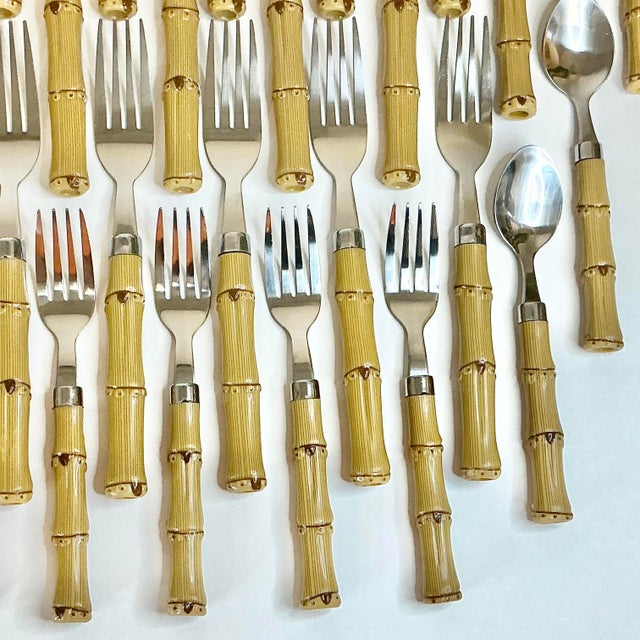 Vintage Coastal Boho Chic Chinoiserie Faux Bamboo & 18/8 Stainless Flatware Set- 49 Pieces. For Sale - Image 10 of 12