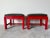 An elegant pair of Mid-century red lacquer solid mahogany frame & brown leather upholstered seats rectangular ottomans -...