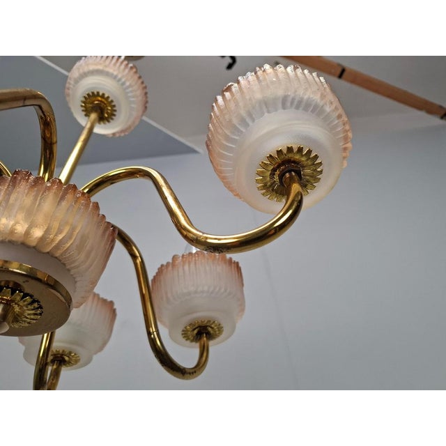 1960s Mid-Century Czech Brass and Frosted Glass 6-Arm Chandelier, Železný Brod, 1960s For Sale - Image 5 of 18