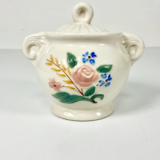 1940s 1940s Vintage Farmhouse Boho Chic Art Deco Porcelier Vitreous Cover Sugar Bowl For Sale - Image 5 of 11