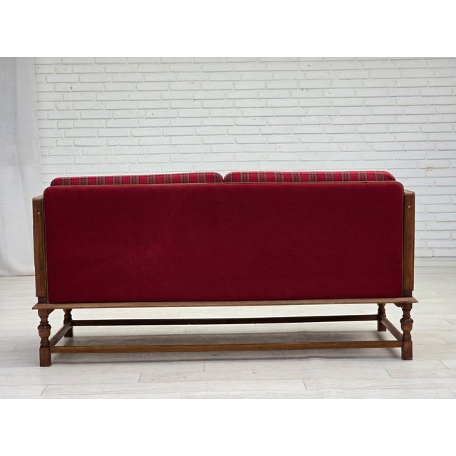 1950s Danish 2-Seater Drop Arm Sofa in Striped Red Wool and Oak, 1950s For Sale - Image 5 of 18