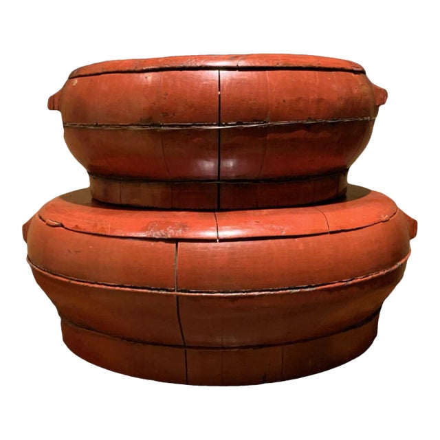 Antique Lacquered Chinese Elm Wood Rice Containers From Lillian August - a Pair For Sale