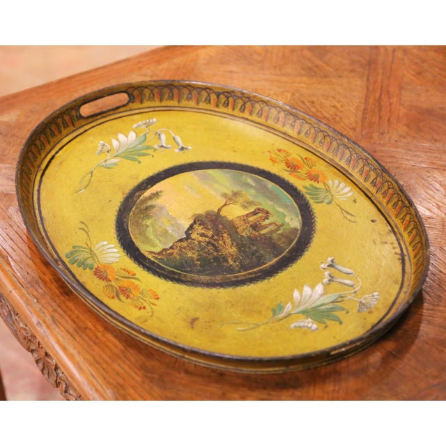 French 19th Century French Hand-Painted Oval Tole Tray With Romantic Ruins Scene For Sale - Image 3 of 10