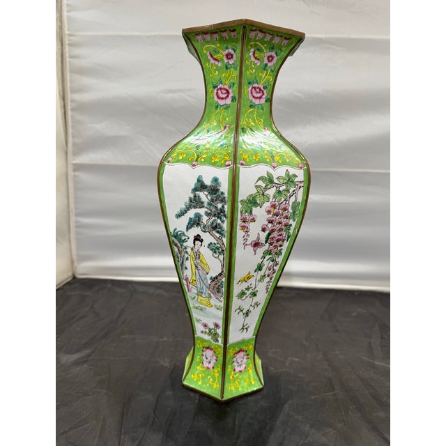 The Antique Chinese Canton Enamel 17" Hexagonal Vase features intricate cloisonne detailing depicting court ladies and...