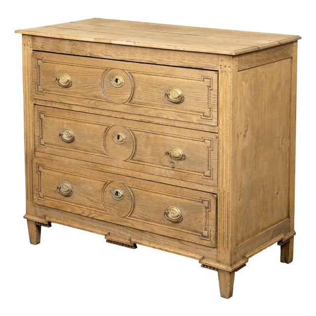 19th Century French Louis XVI Style Bleached Oak Three-Drawer Chest with Carved Panels For Sale