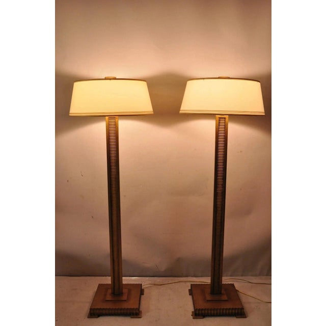 Decorator Fine Art Lamps Gold Gilt Metal Skyscraper Modern Floor Lamps - a Pair. Item features original round cloth...