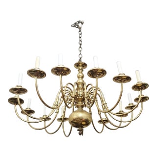 Vintage German Mid-Century Modern Dutch Style Brass 15 Light Chandelier For Sale