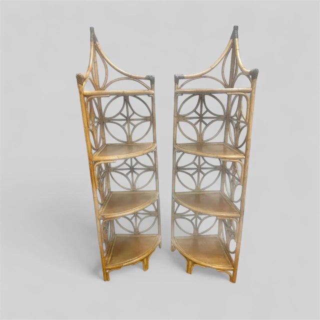 Chocolate Pair Vintage Artistic MCM Natural Rattan Bamboo Corner Etageres Shelves For Sale - Image 8 of 12