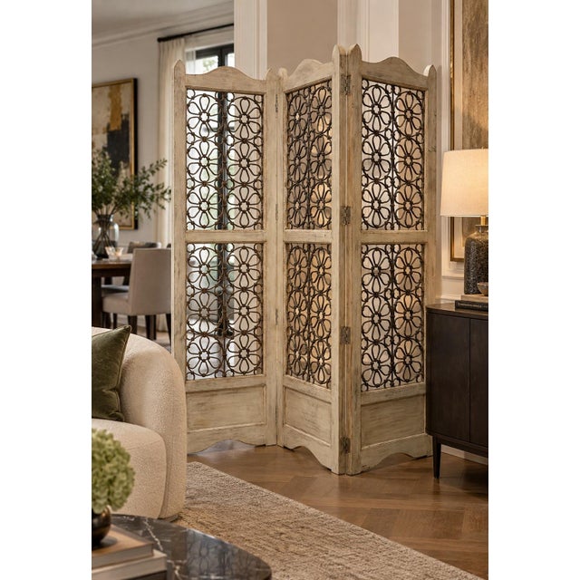 Art Nouveau A Vintage Distressed White Three-Panel Asian Folding Screen With Floral Metal Inserts. For Sale - Image 3 of 5