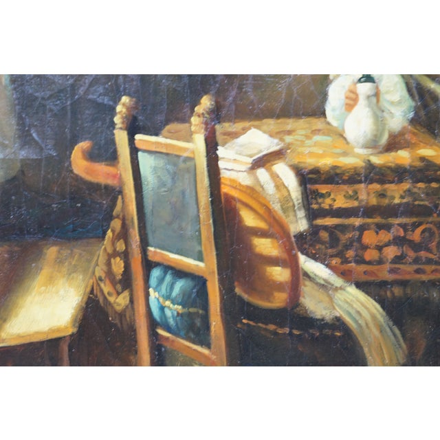 Late 20th Century The Glass of Wine Dutch Oil Painting After Johannes Vermeer Canvas Framed For Sale - Image 4 of 11