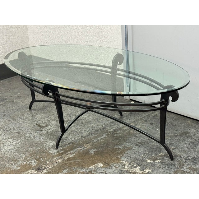 Art Deco French Art Deco Style Wrought Iron Oval Glass Coffee Table For Sale - Image 3 of 12