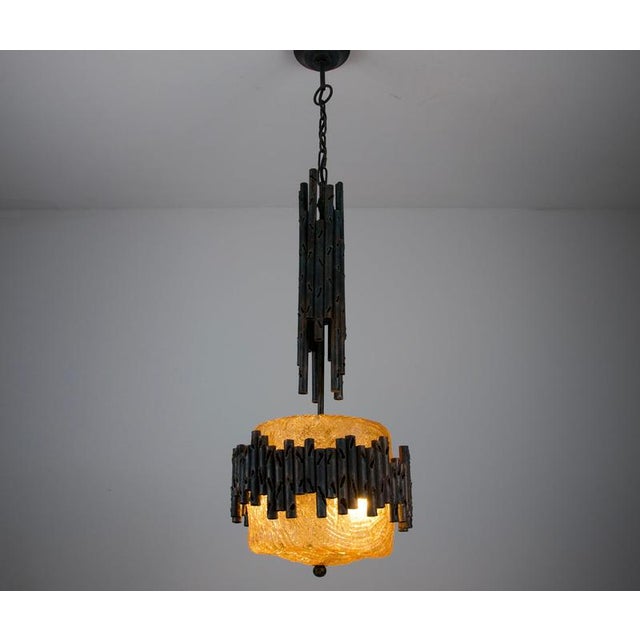 1970s Brutalist Metal and Textured Amber Glass Pendant Lamp, Germany, 1970s For Sale - Image 5 of 12