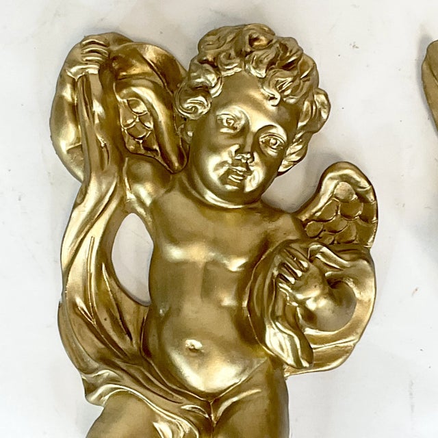 1970s Vintage Boho Chic Hollywood Regency Italian Figural Wall Sculptural Cherubs - A Pair. For Sale - Image 4 of 10